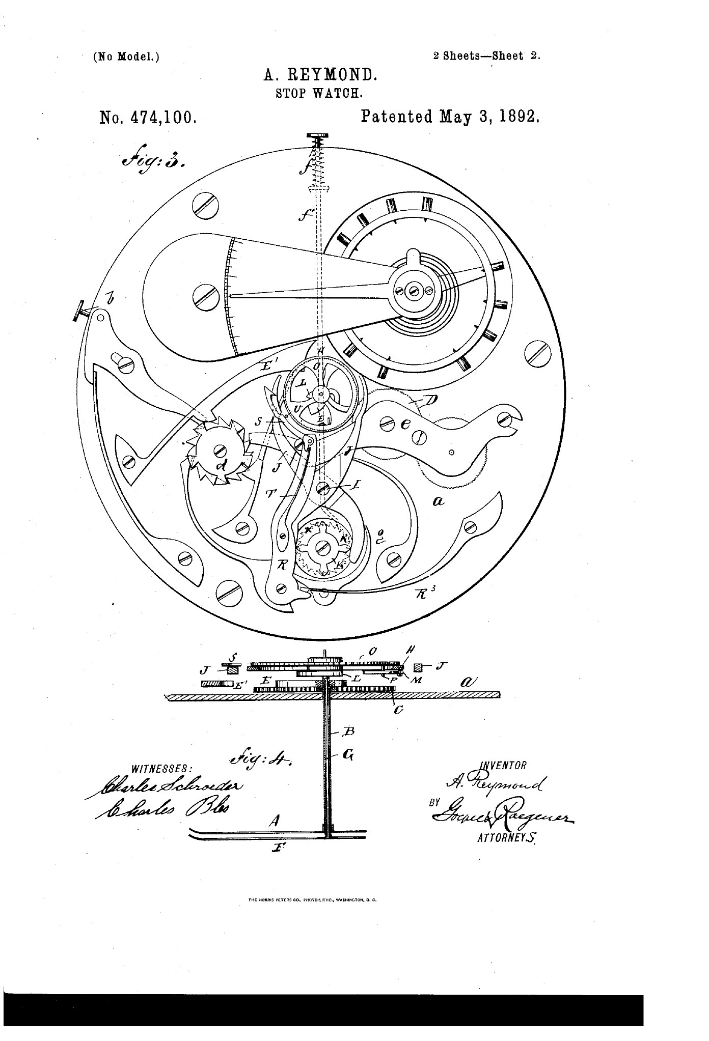 Second drawing sheet from Adrien Reymond's 1892 split-seconds stopwatch patent