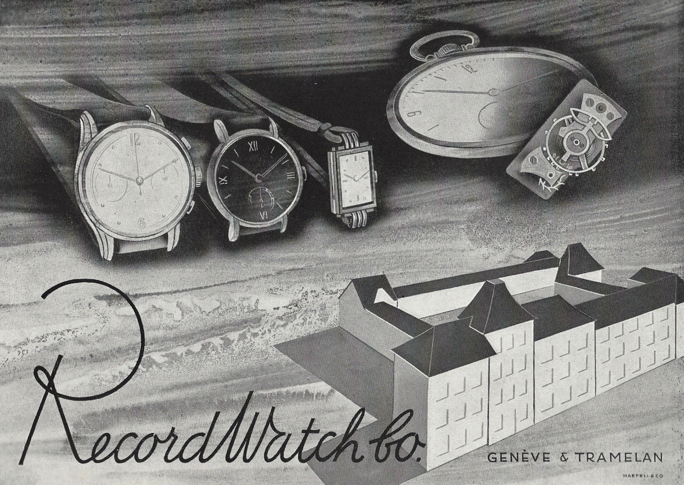 1949 Record Watch Company advertisement showing wristwatches, a pocket watch, a movement and the factory